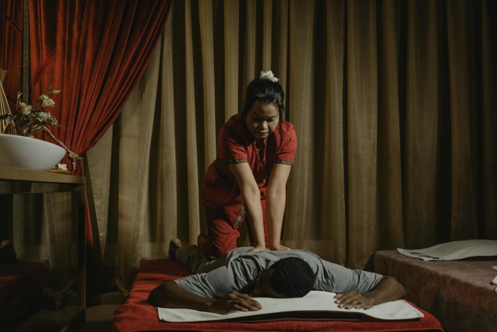Thai massage A thai massage session with a focus on relaxation and wellness.